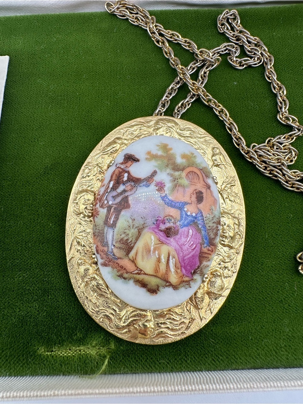 Vintage Krementz Necklace Limoges France Oval Porcelain Pendant